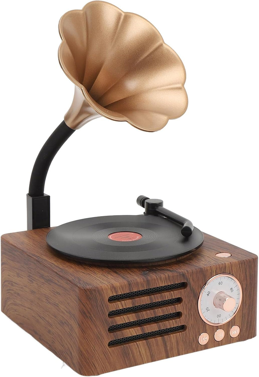 Vintage Bluetooth Speaker with Copper Horn FM Radio Wood Grain