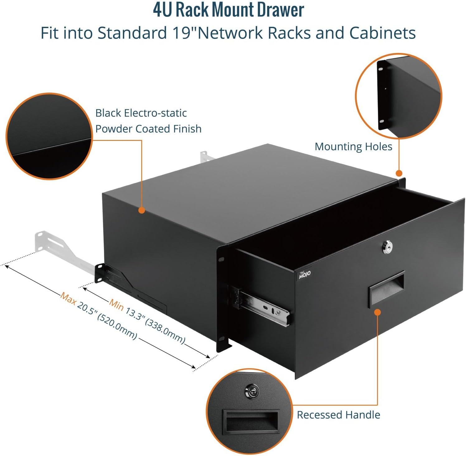 4U 19in Lockable Rack Drawer Steel Cabinet Mount