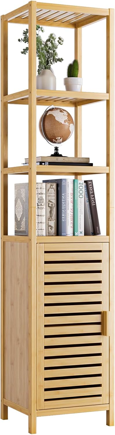 Bamboo Tall Storage Cabinet Natural Shelf Door Unit