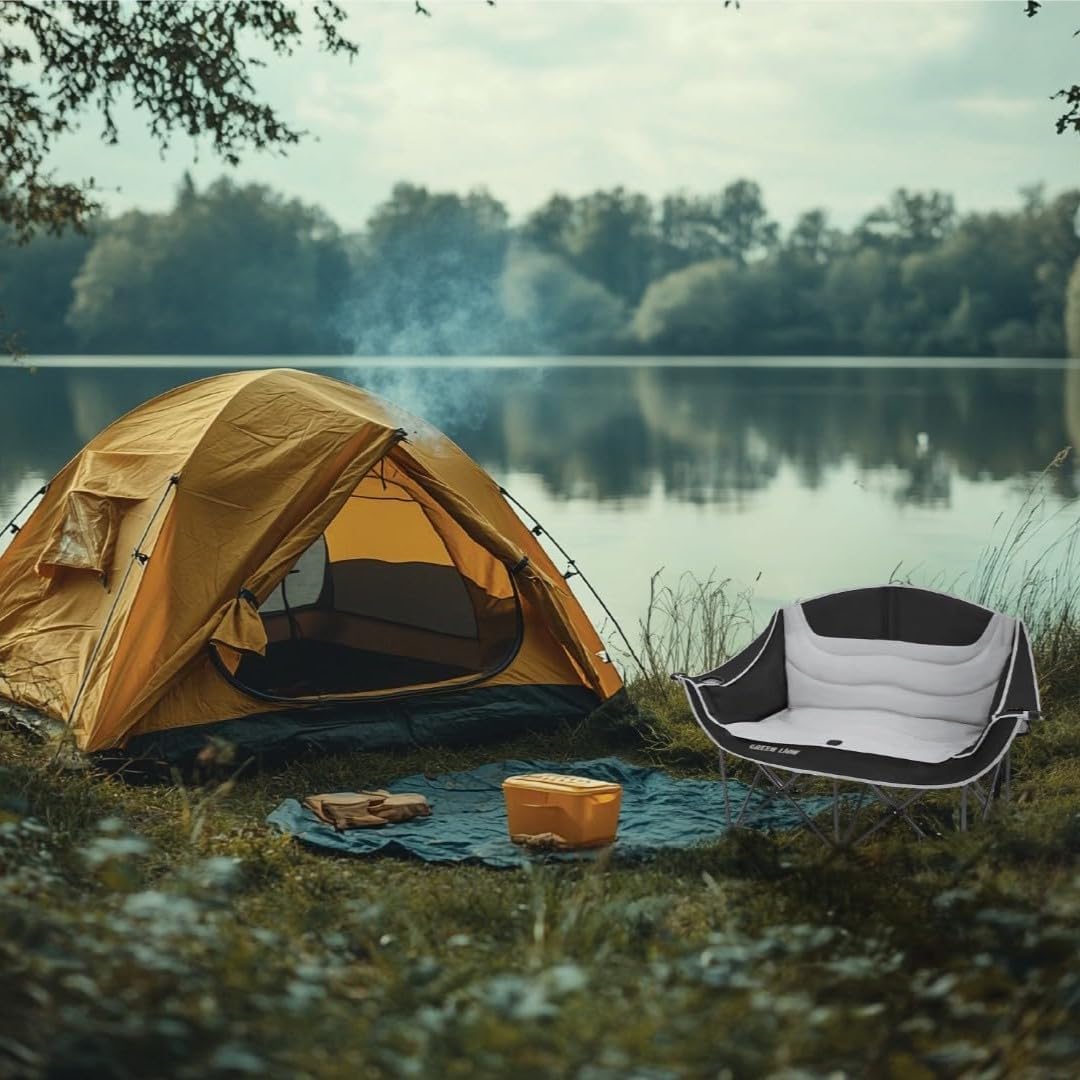 Portable Double Camping Chair Folding Loveseat Grey Black