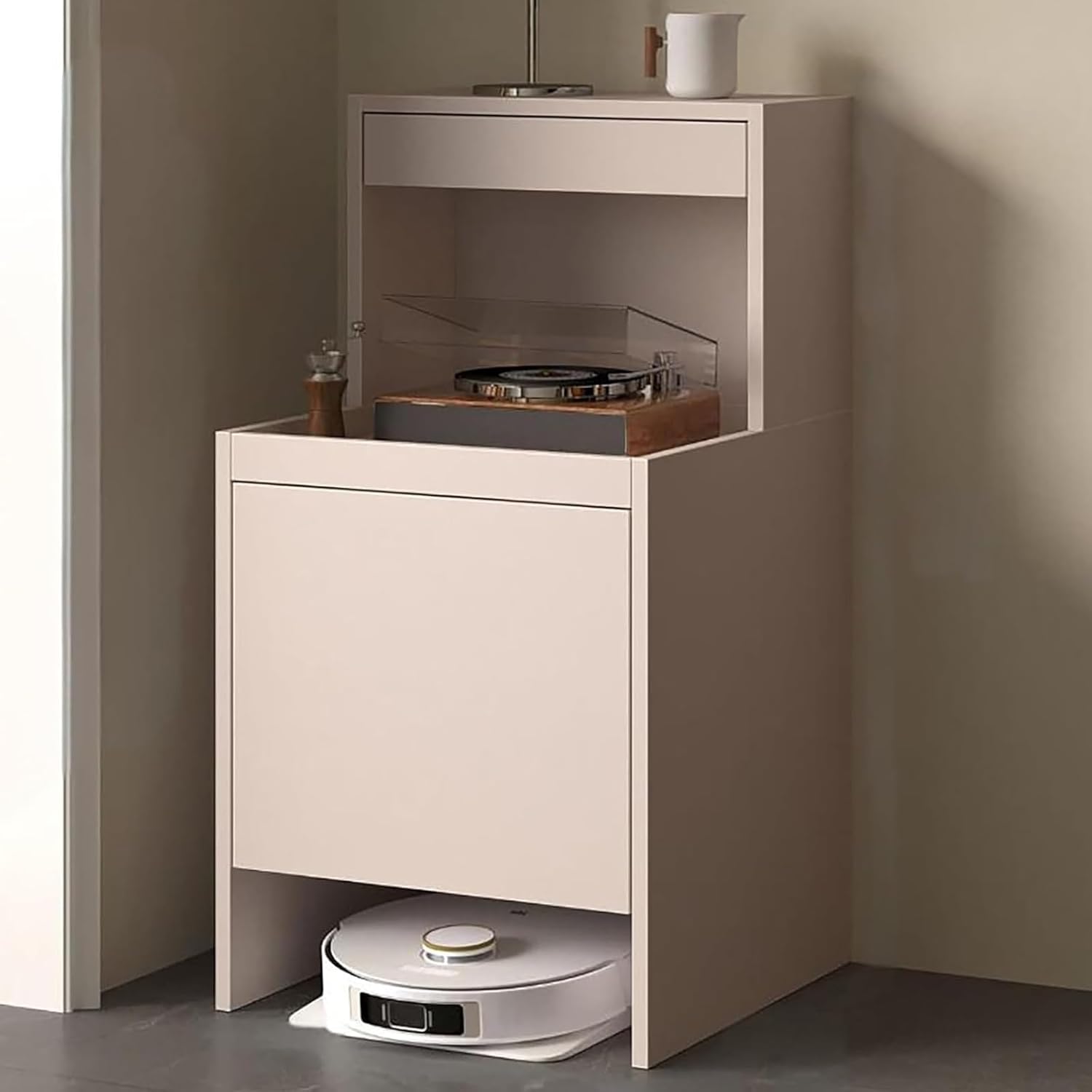 Tall Hidden Robot Vacuum Cabinet Storage Side Table Pull Out Shelf Grey
