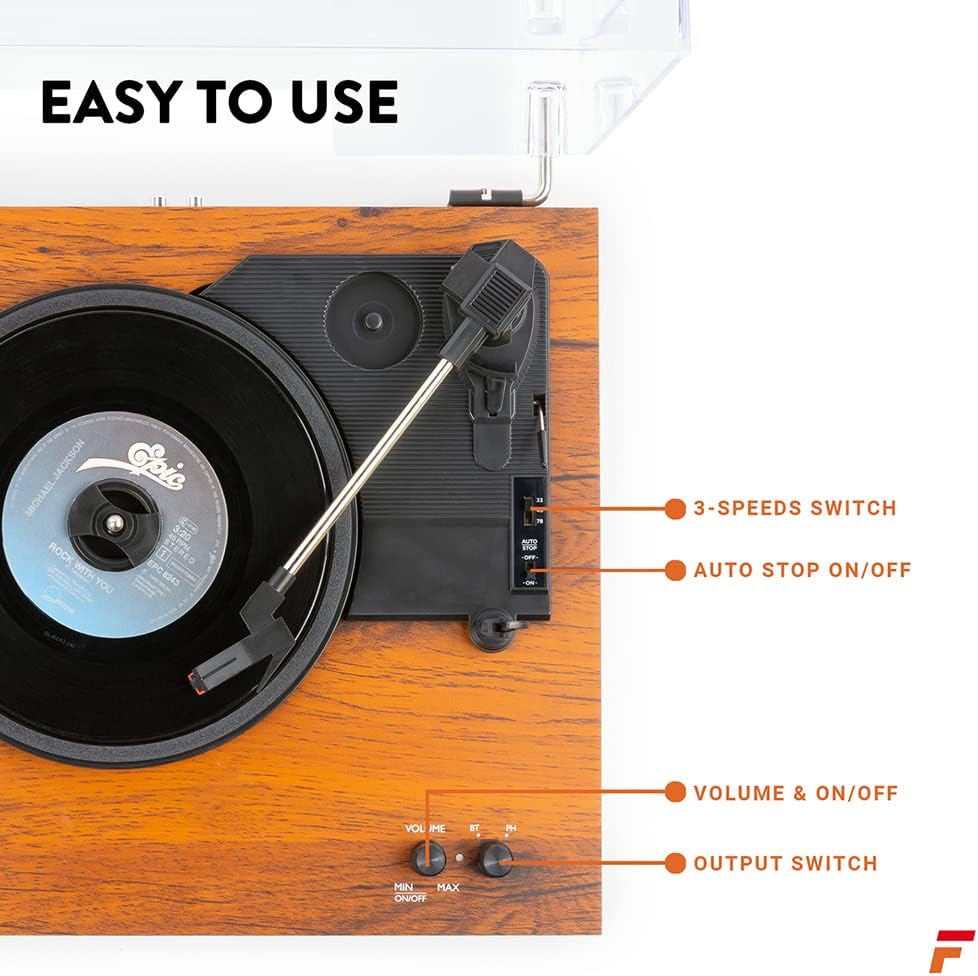 Bluetooth Record Player with Speakers 3 Speed Light Wood