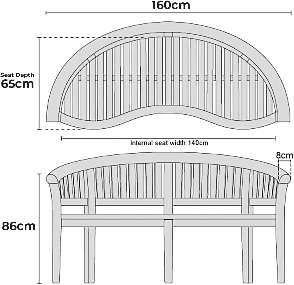 Teak Wood Banana Garden Bench w/ Cushion Curved Patio Seat 168cm Vertical