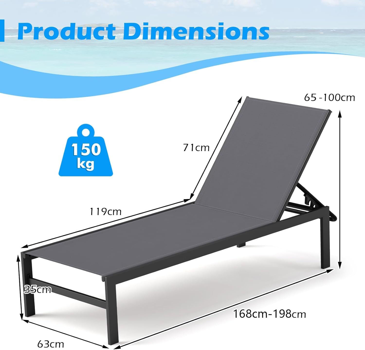 Garden Sun Lounger Adjustable Patio Chaise Recliner Grey Aluminum