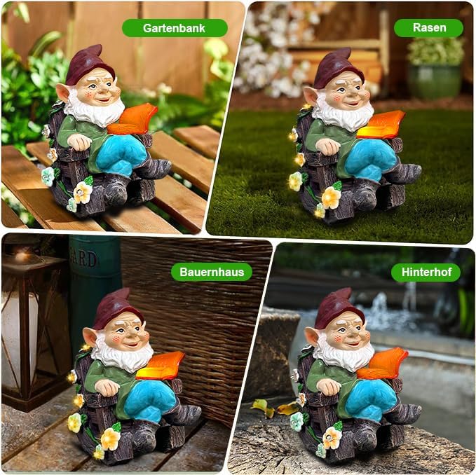 Solar Garden Gnome LED Reading Statue Decor