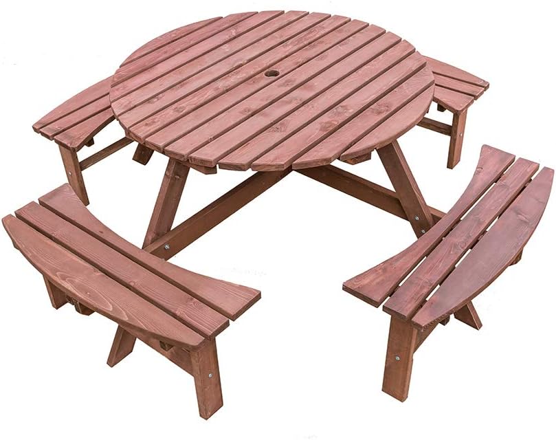 8 Seater Round Wooden Picnic Table Bench Set with Parasol Hole
