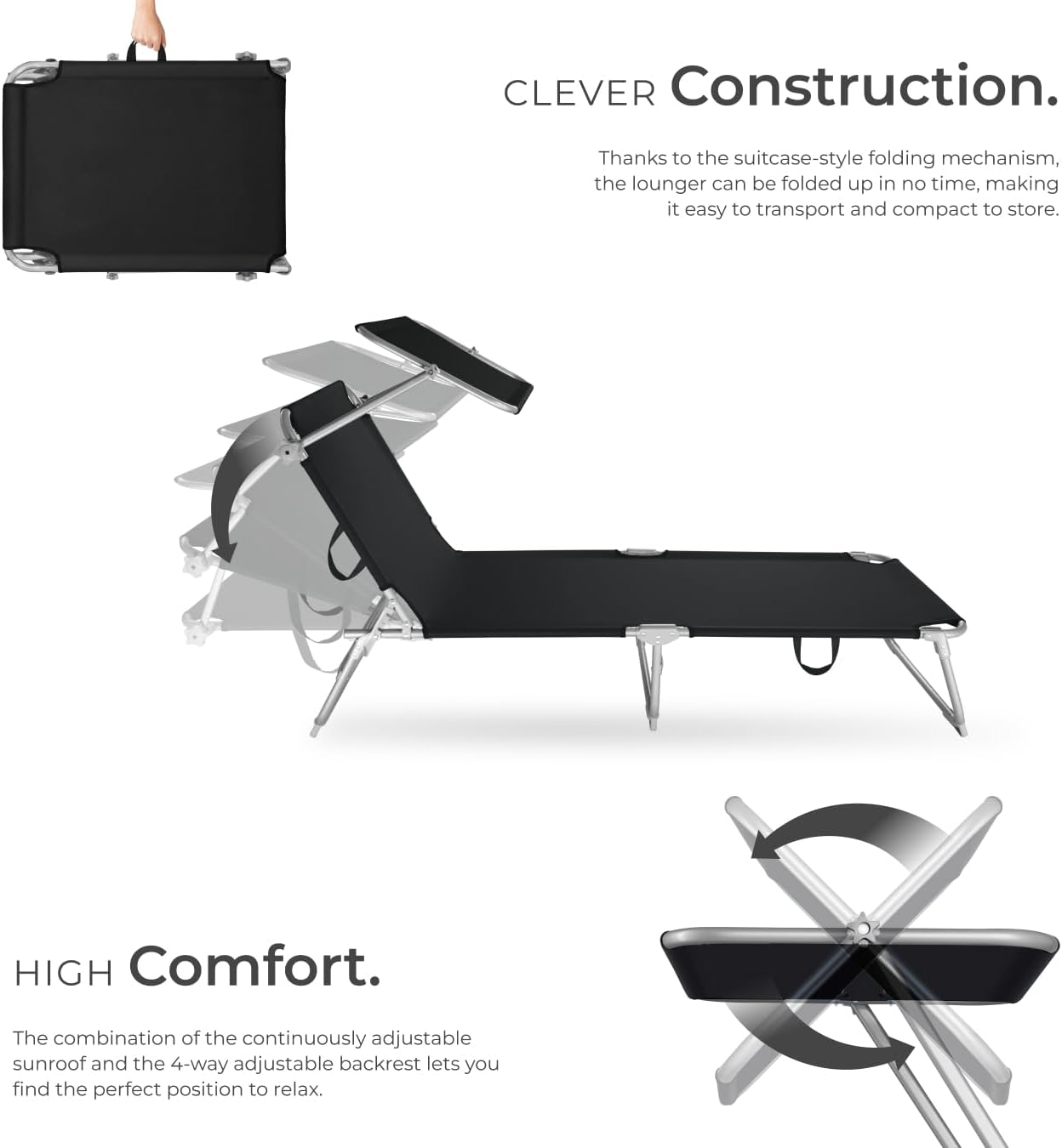 Folding Sun Lounger with Canopy Adjustable Backrest Black