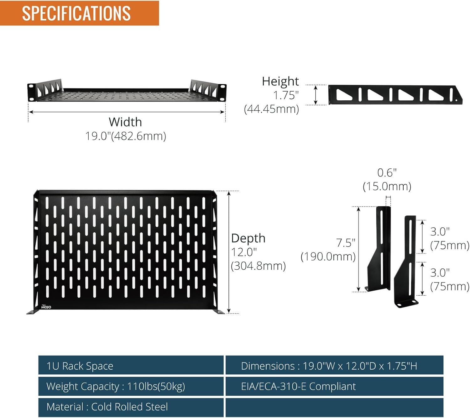 1U Server Rack Shelf 12in Depth 19 Inch Black