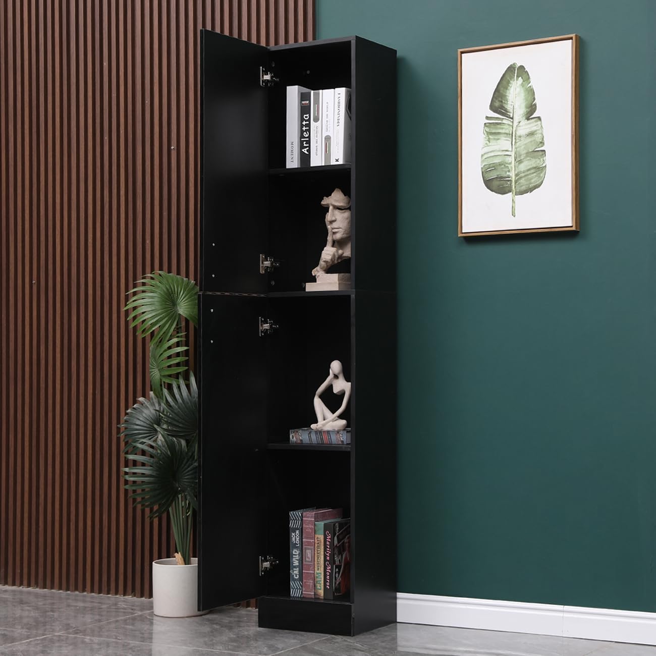 Tall Slim Storage Cabinet Black High Gloss Door Shelves