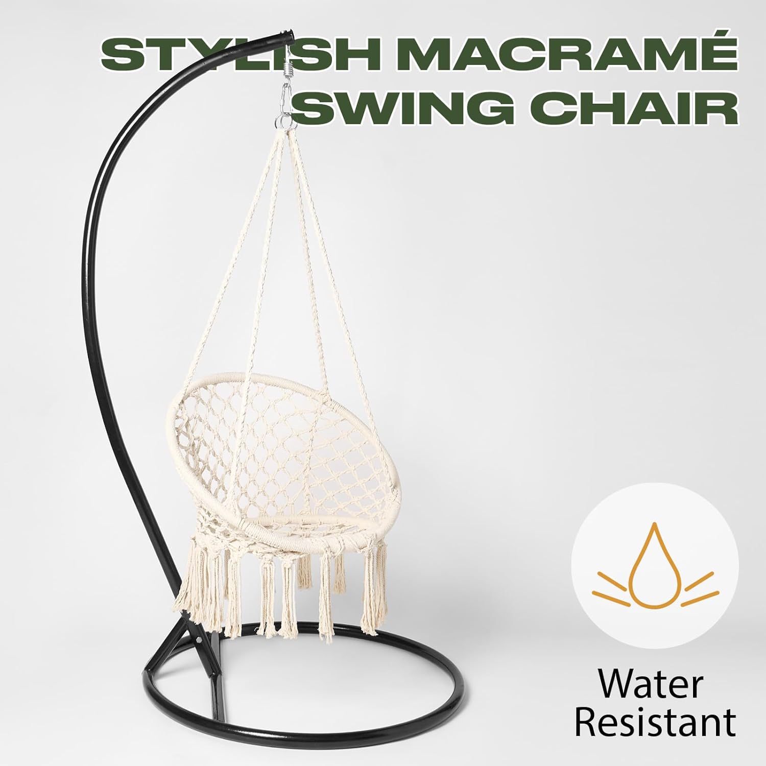 Macrame Egg Chair with Stand Cream Hanging Swing Chair