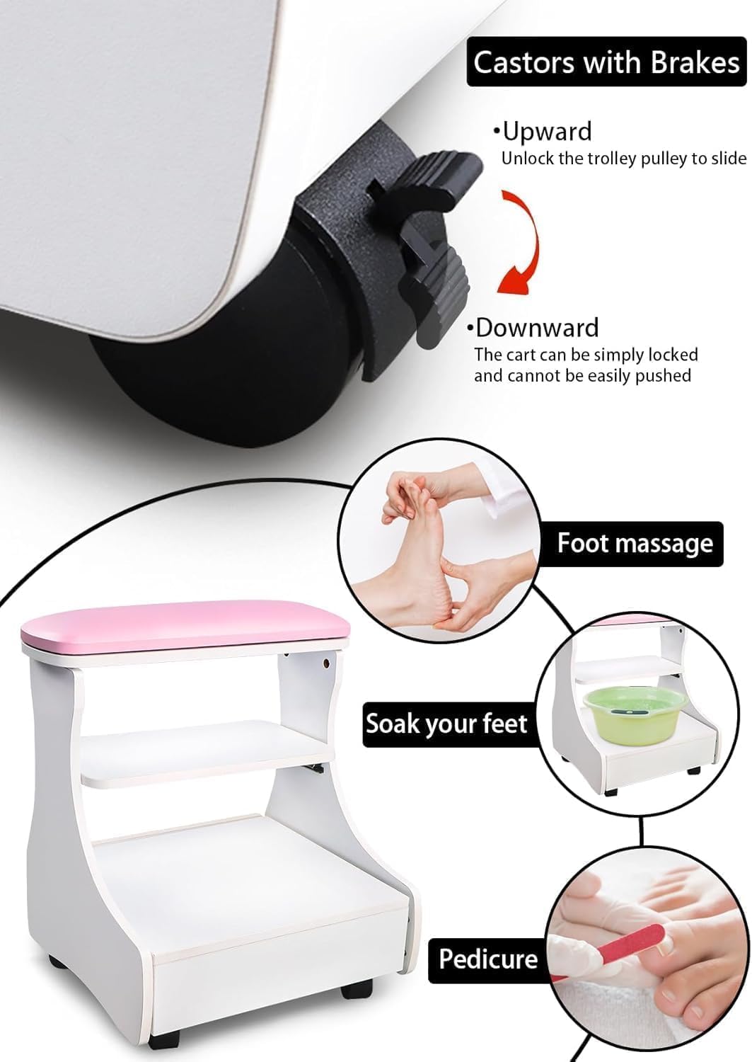 Pedicure Foot Rest with Wheels Storage Trolley PU Leather Stool