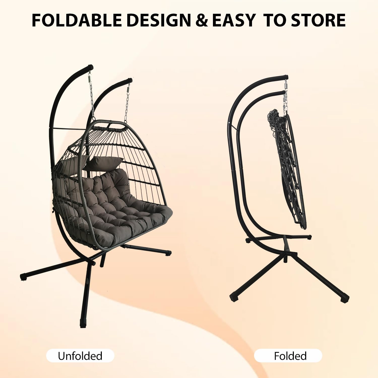 Double Rattan Swing Chair with Stand Cushion Grey