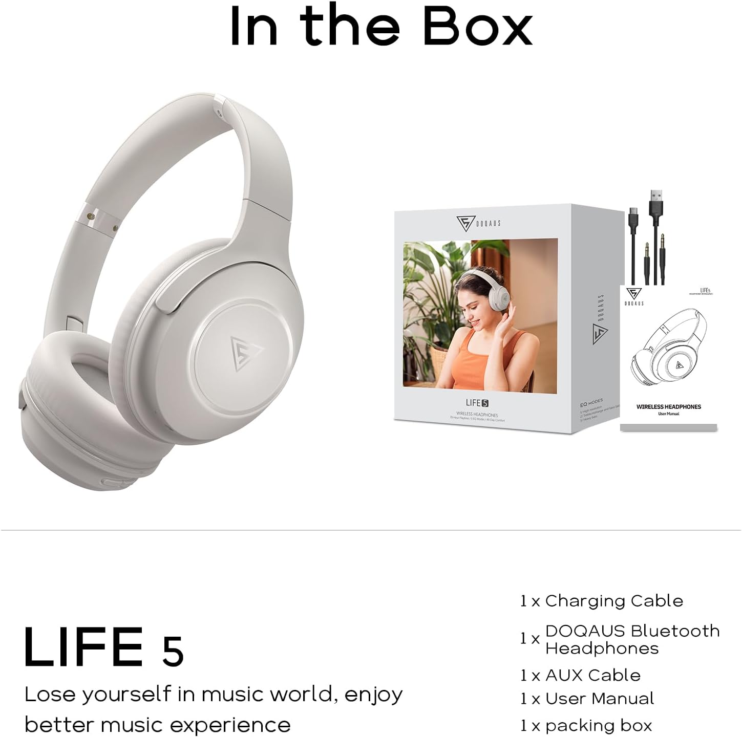 Wireless Bluetooth Over Ear Headphones 70 Hour Battery 3 EQ Light Grey