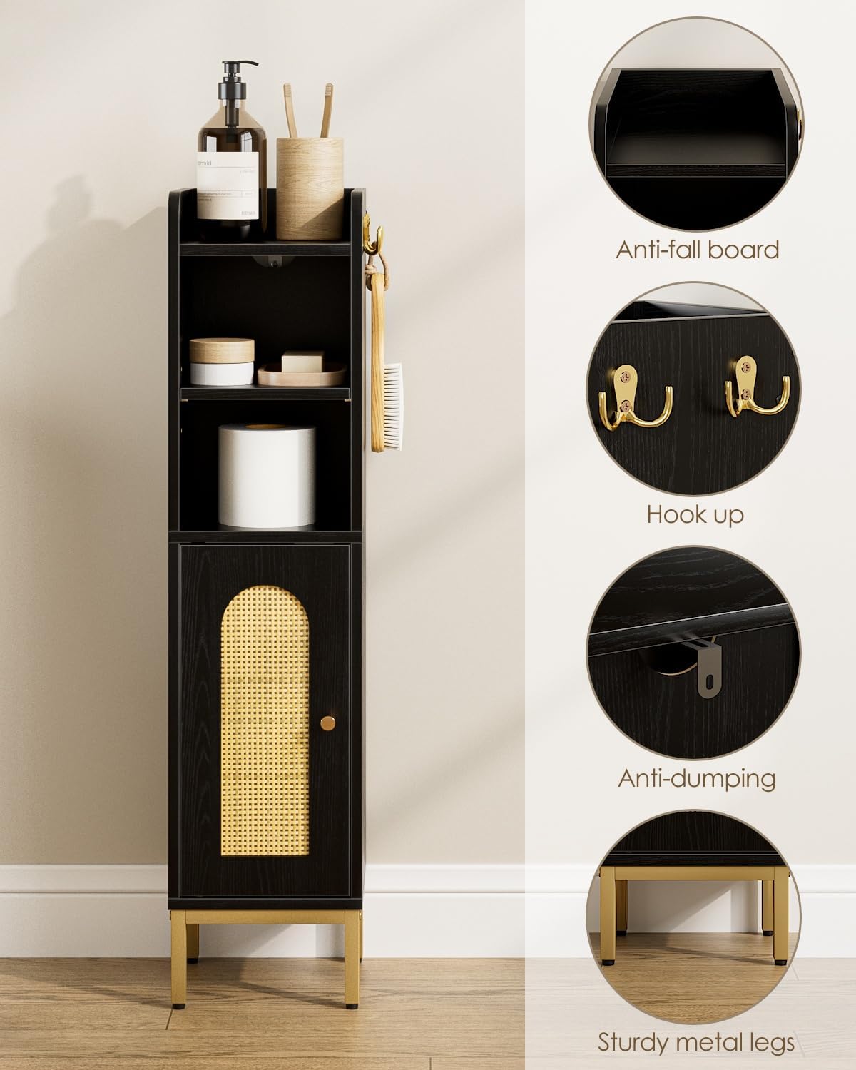 Slim Bathroom Storage Cabinet Door Black Rattan Freestanding
