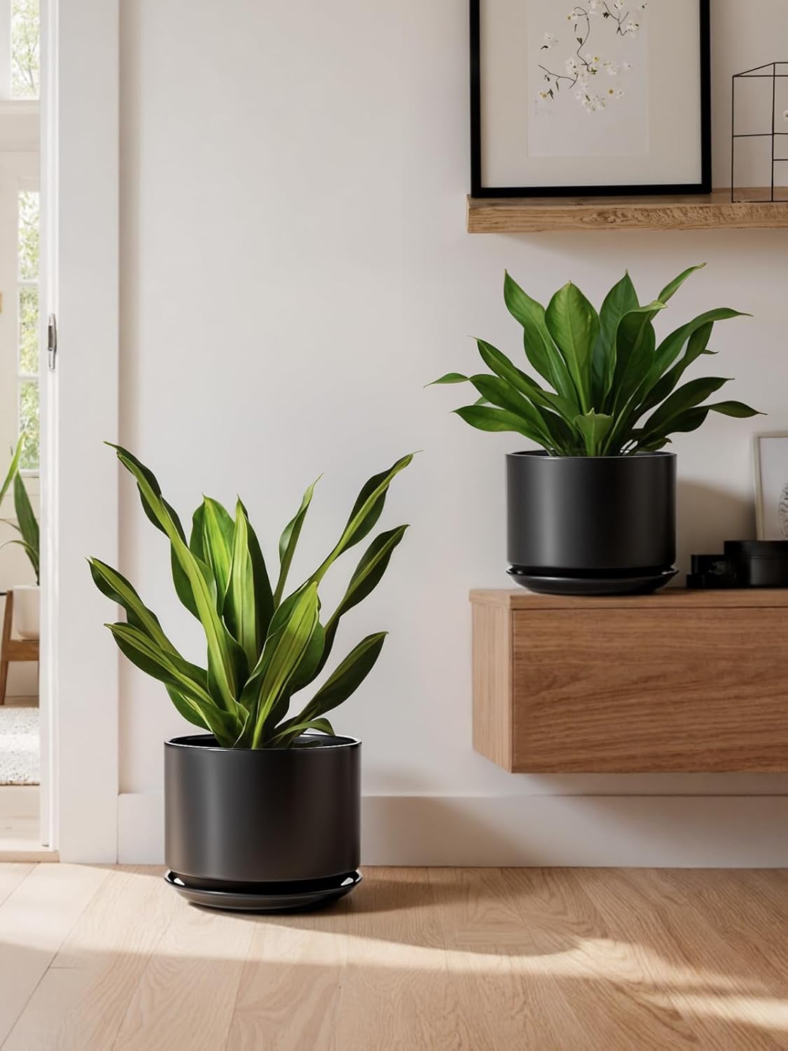 25cm Large Black Ceramic Plant Pot with Saucer Modern