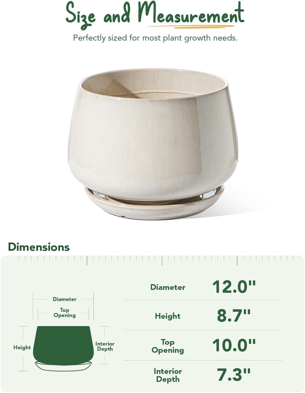 30cm Ceramic Plant Pot Beige Large Planter with Drainage Saucer