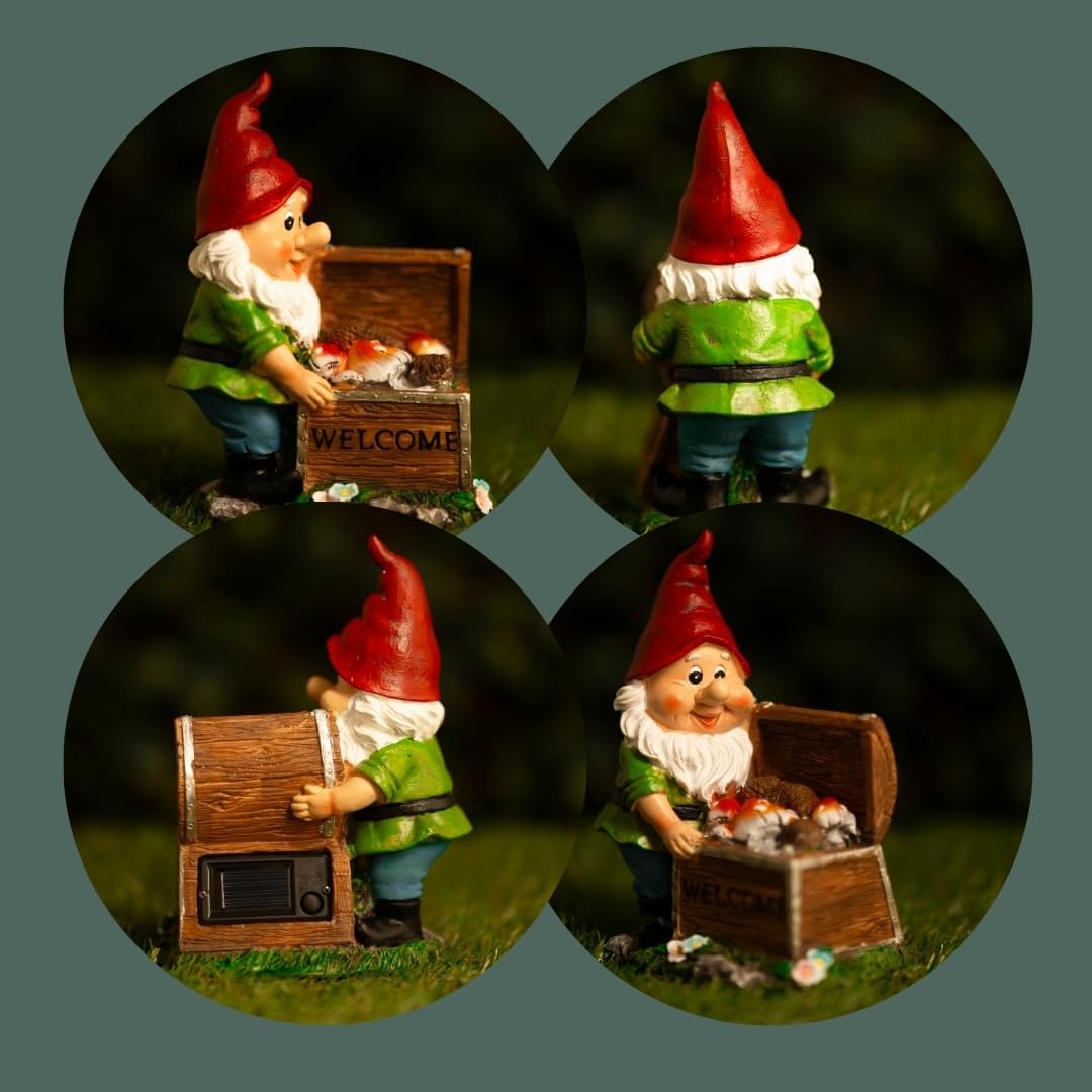 Solar Garden Gnome LED Light Treasure Chest Welcome Statue Decor