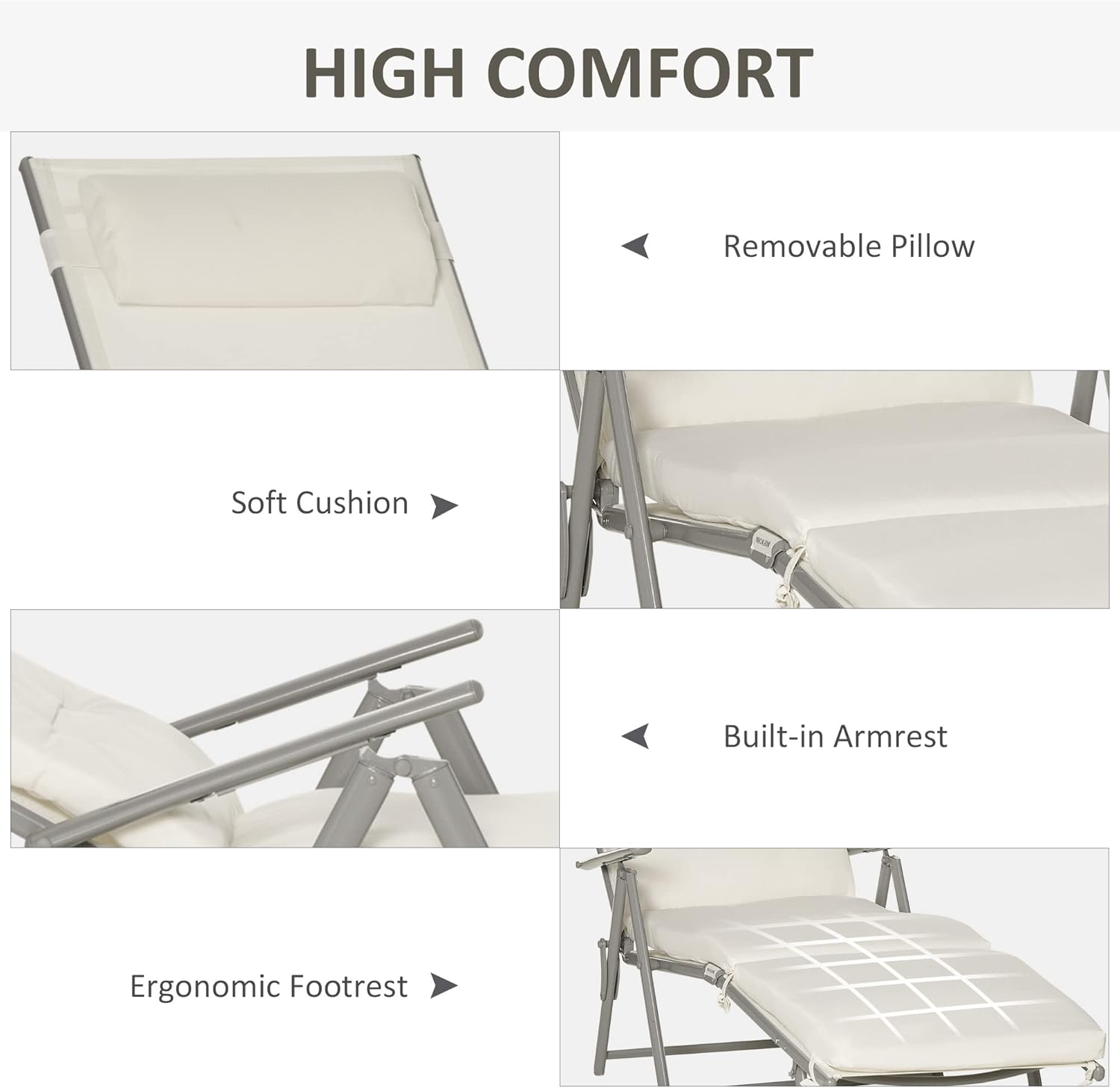 7 Level Folding Sun Lounger Recliner Cream White