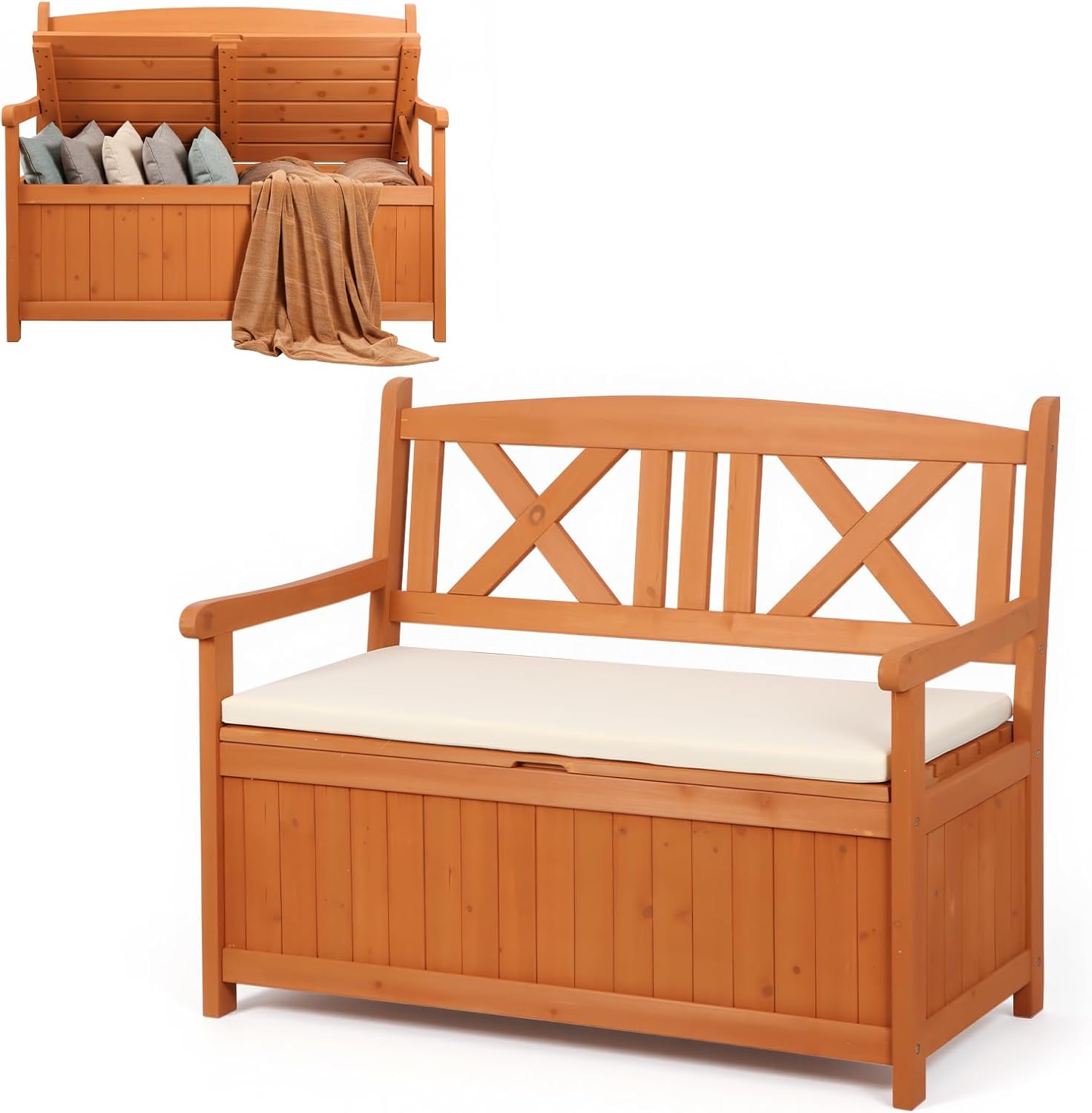 Wooden Garden Storage Bench 2 Seater Outdoor Patio Seat with Cushion