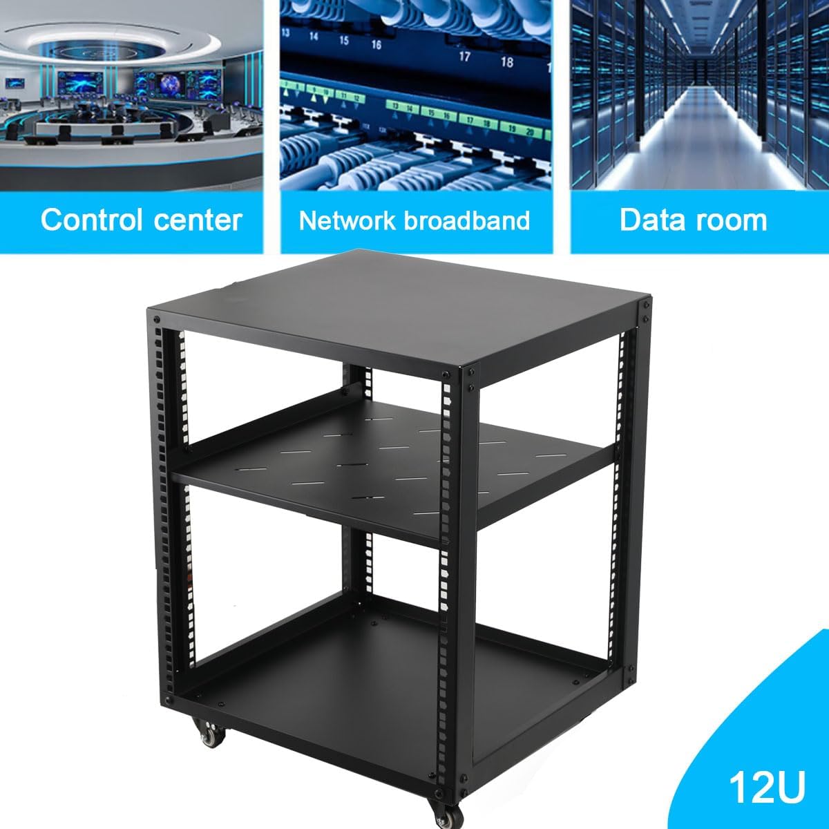 12U Open Frame Network Rack 19 Inch Floor Standing with Wheels