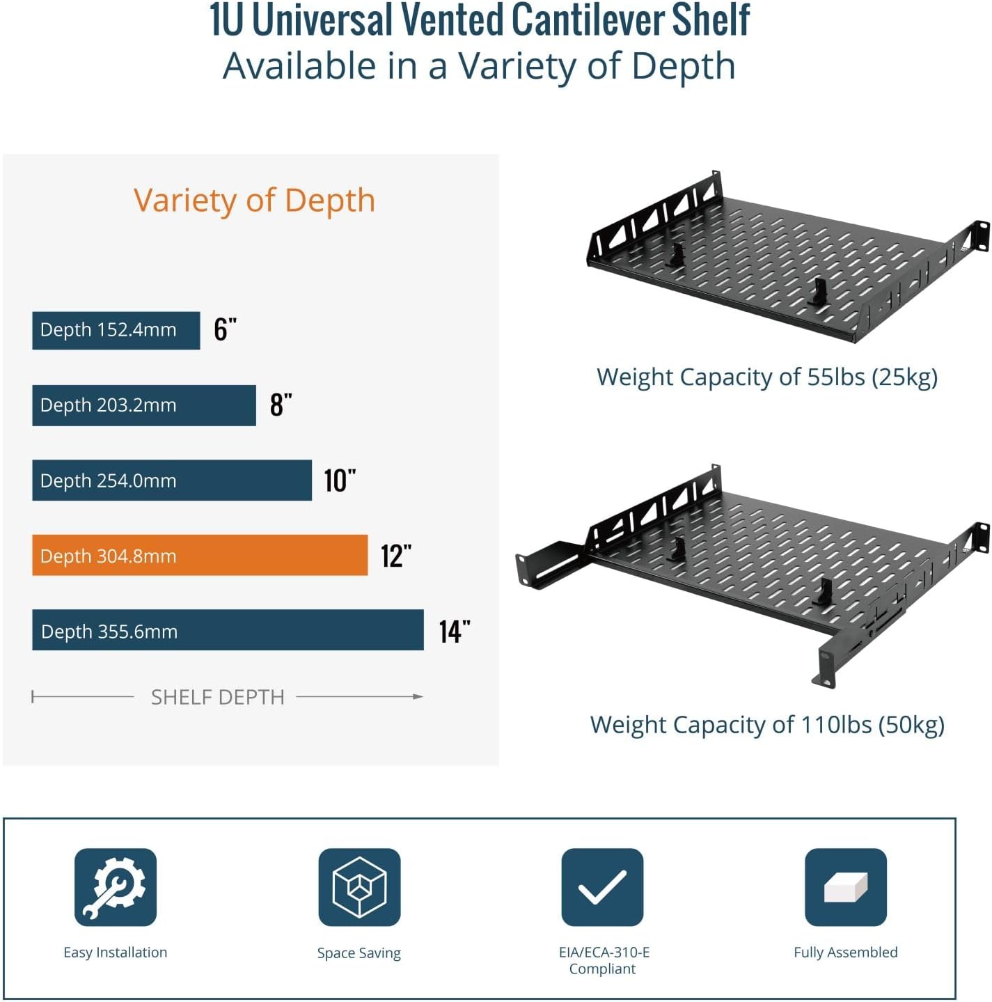 1U Server Rack Shelf 12in Depth 19 Inch Black