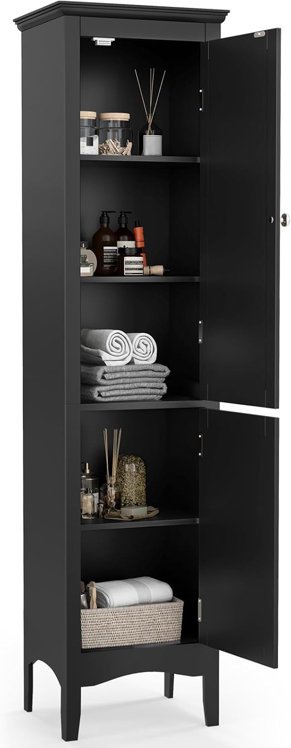 Tall Bathroom Storage Cabinet Black 2 Door Shelf Unit