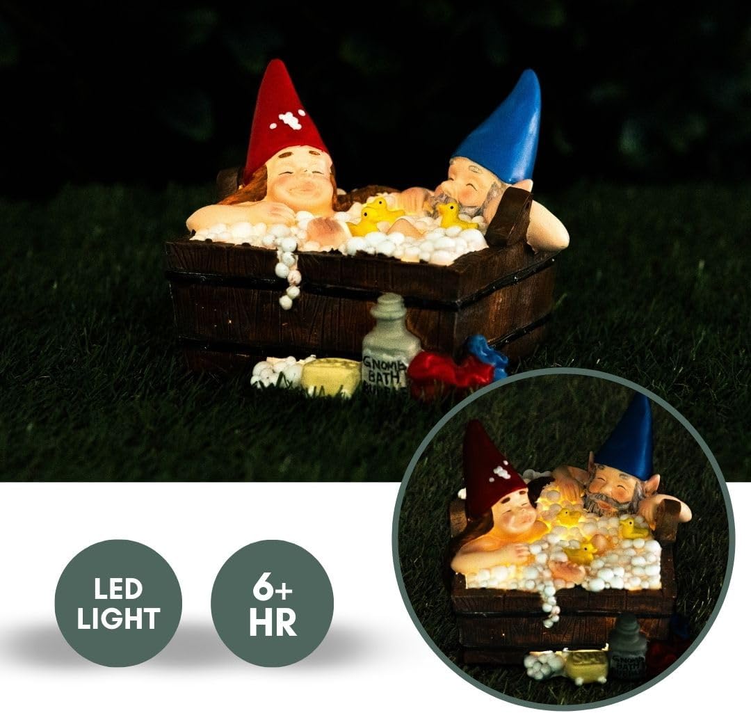 Solar Gnome Hot Tub Statue Funny Garden Decor LED Resin