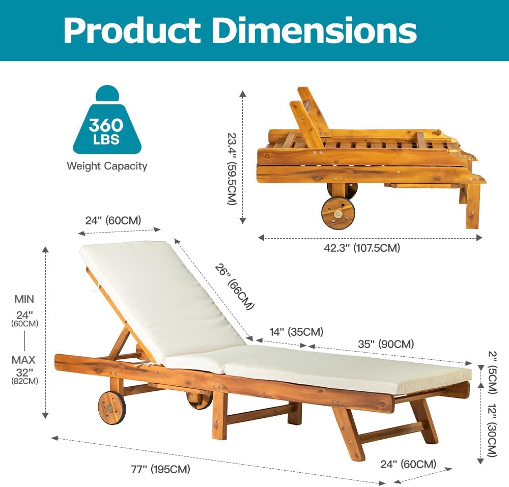 Acacia Wood Sun Lounger Recliner Chair with Wheels Cushion
