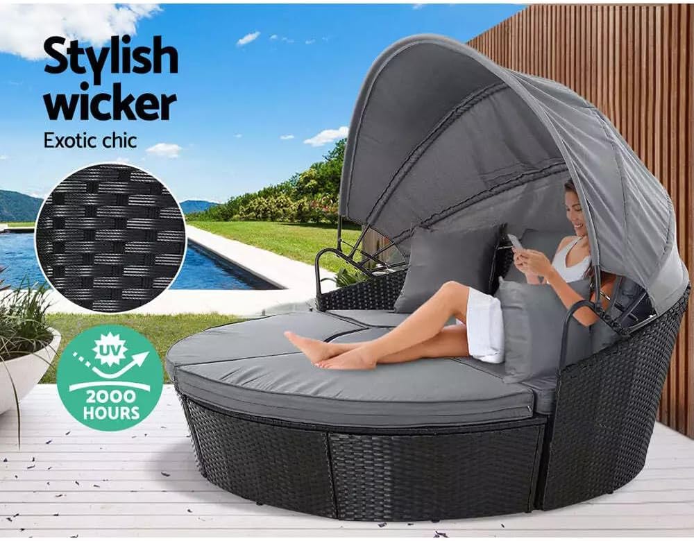 Outdoor Rattan Day Bed Set Canopy Coffee Table Black
