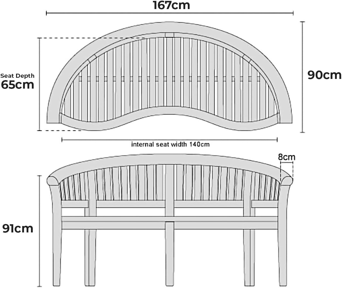 Teak Wood Banana Garden Bench w/ Green Cushion Curved Outdoor Patio 168cm