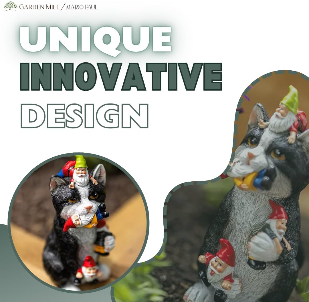 Funny Cat Eating Gnomes Statue Resin Garden Ornament Outdoor Decor