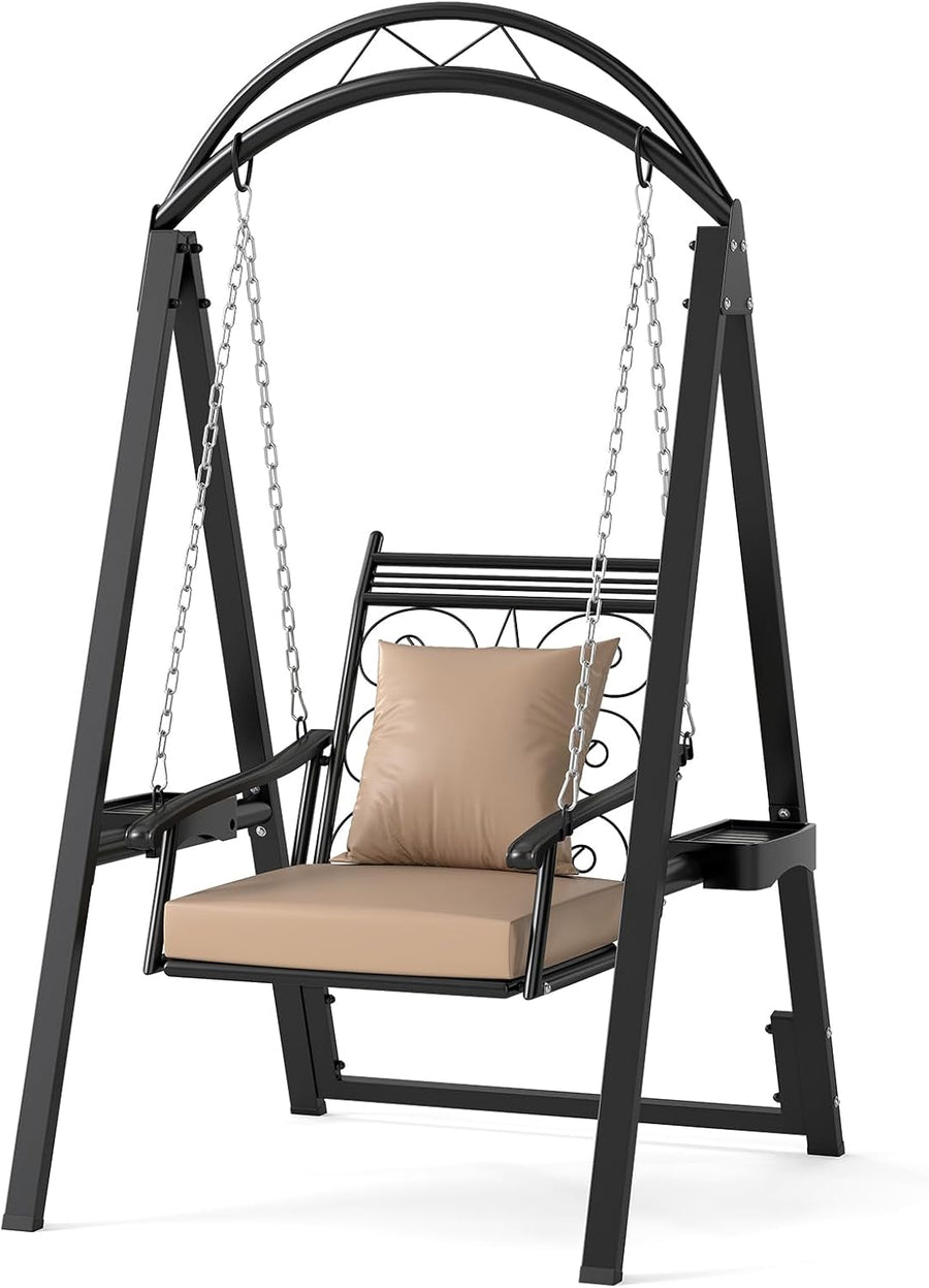 Outdoor Porch Swing Chair with Stand Canopy Side Tables Beige