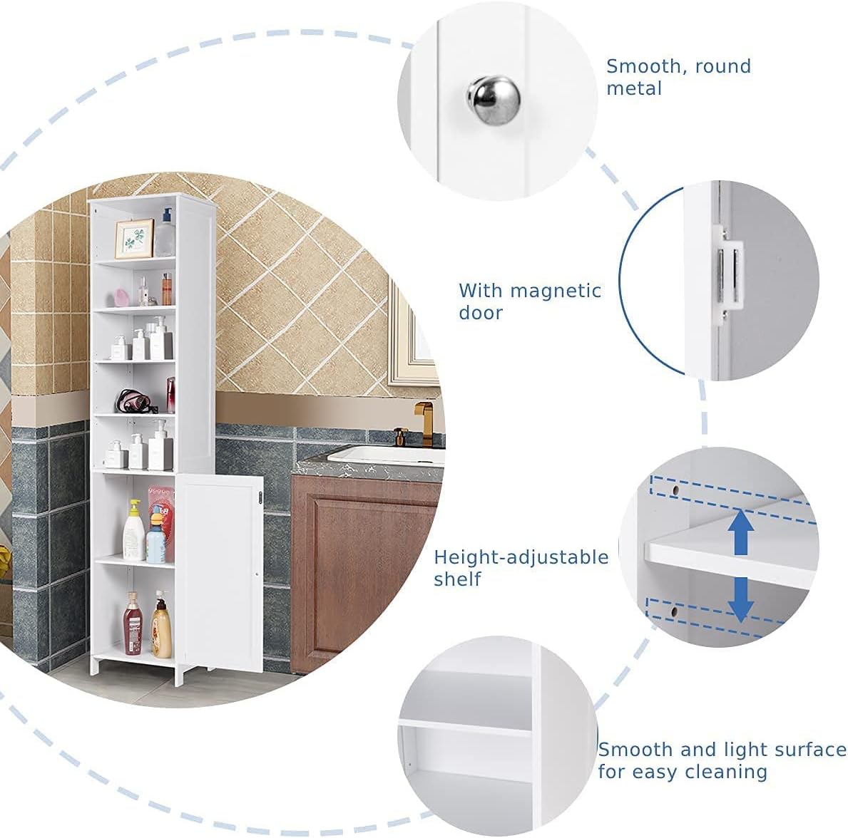 Tall Bathroom Storage Cabinet White Adjustable Shelf Unit