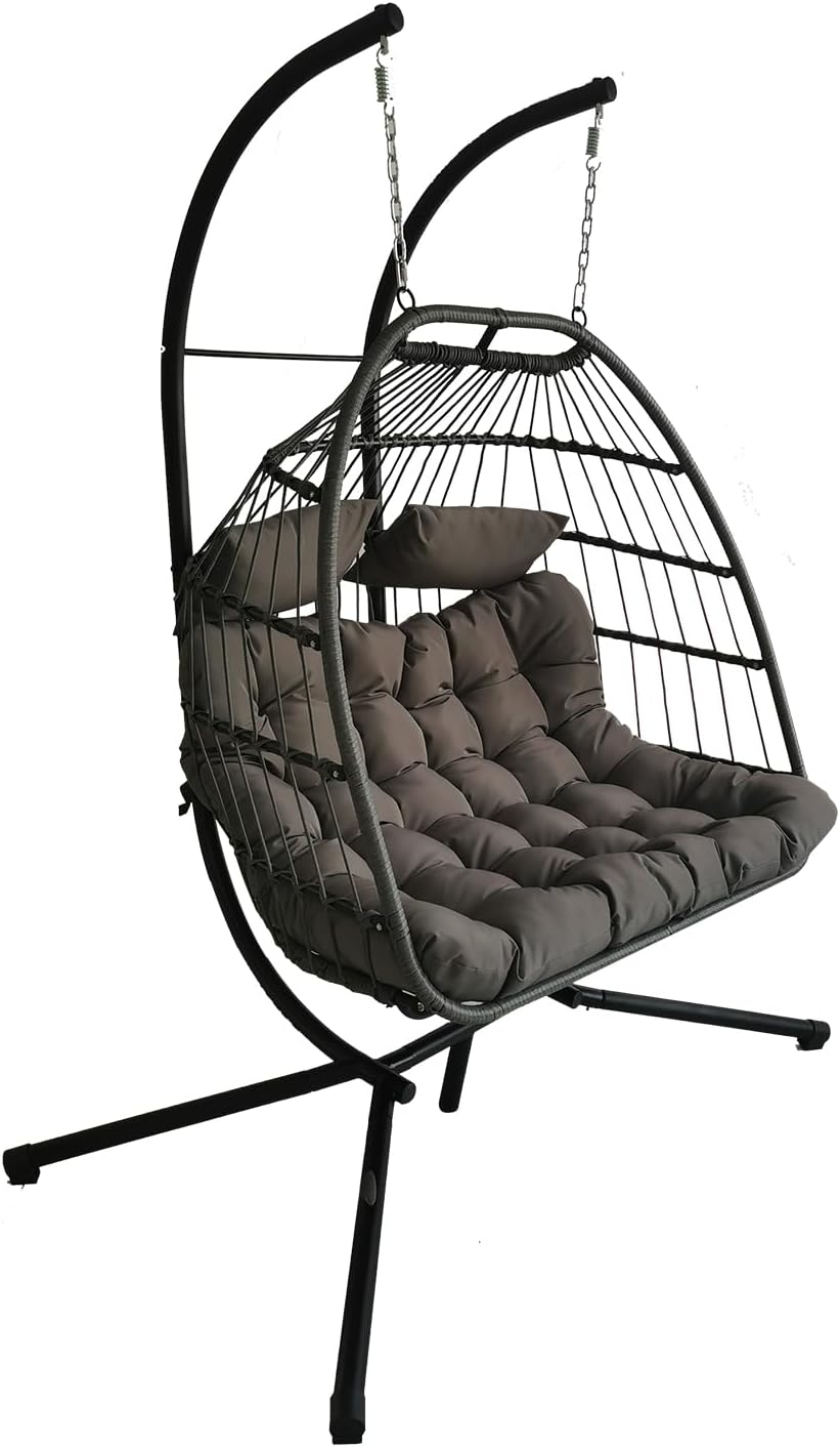 Double Rattan Swing Chair with Stand Cushion Grey