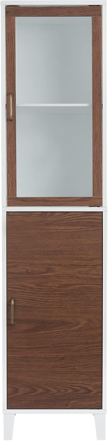 Tall Bathroom Linen Tower Cabinet Glass Door Shelf White Brown