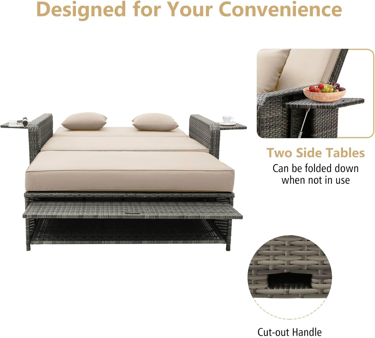 2 in 1 Patio Rattan Daybed Sun Lounger Beige Grey