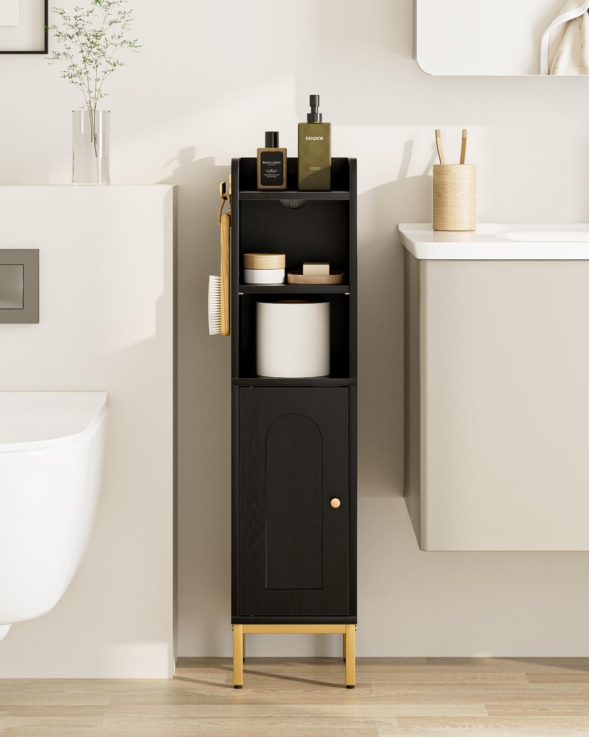 Slim Bathroom Storage Cabinet Door Black Freestanding Unit