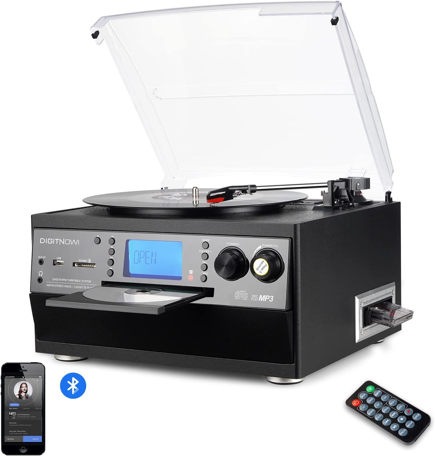 Bluetooth Vinyl Record Player Turntable CD Cassette AM/FM Radio USB