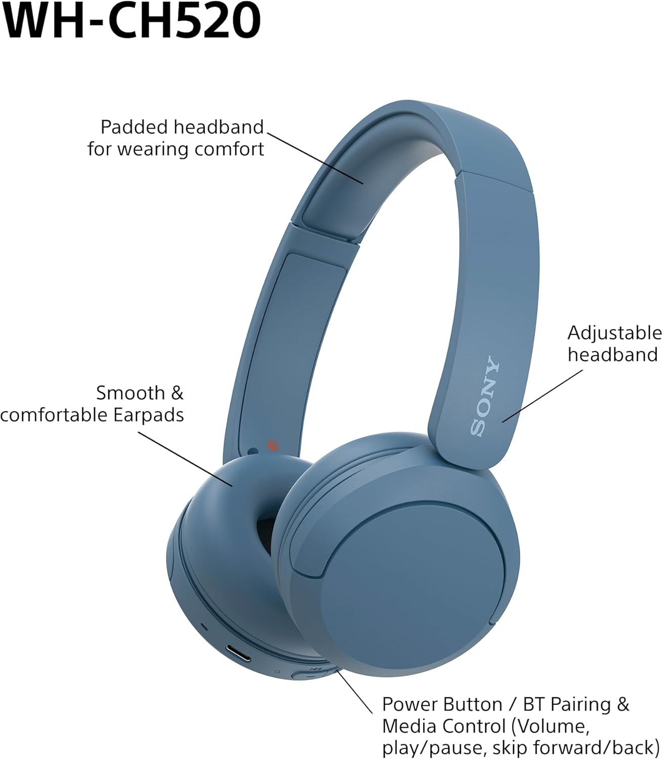 Blue Bluetooth On Ear Headphones 50H Battery Lightweight EQ
