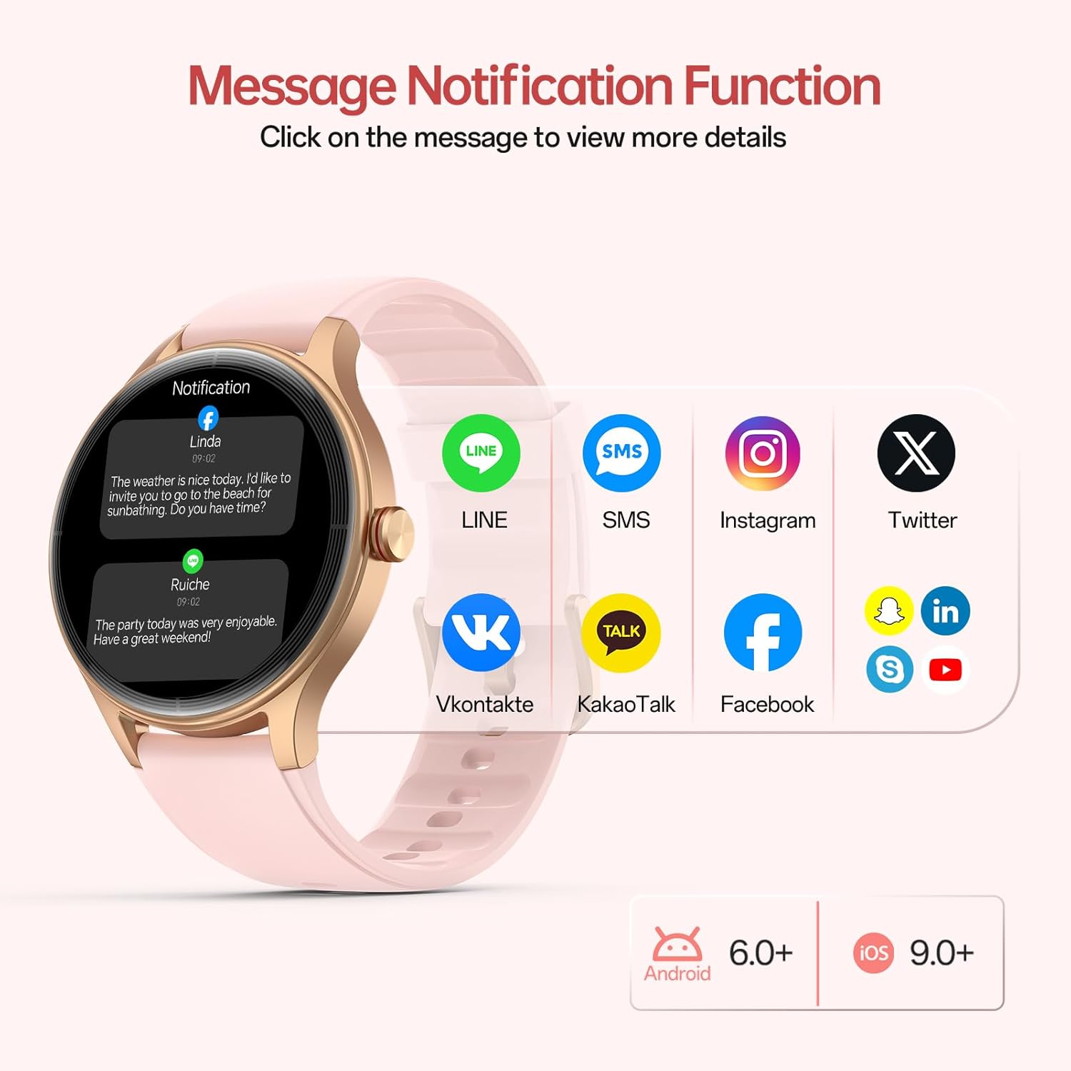Pink Womens Smart Watch AI Voice Bluetooth Calls