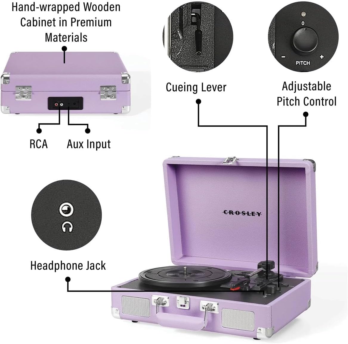 Portable Bluetooth Record Player 3 Speed Suitcase Lavender
