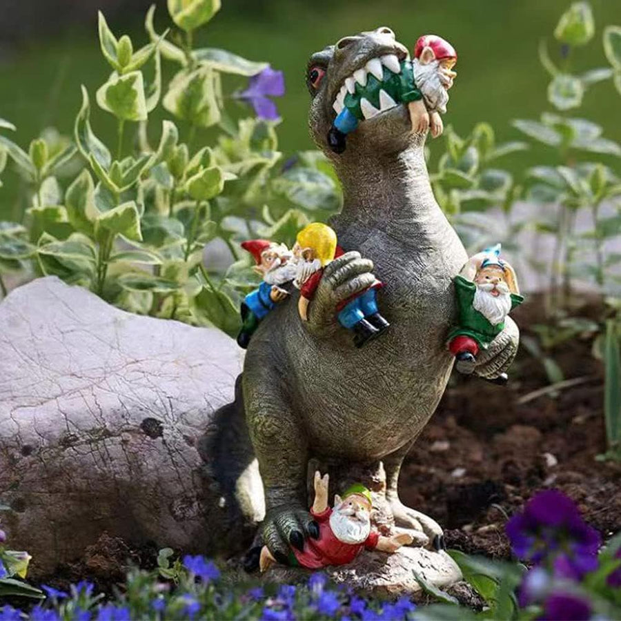 Funny Dinosaur Eating Gnomes Statue Resin Garden Decor Outdoor