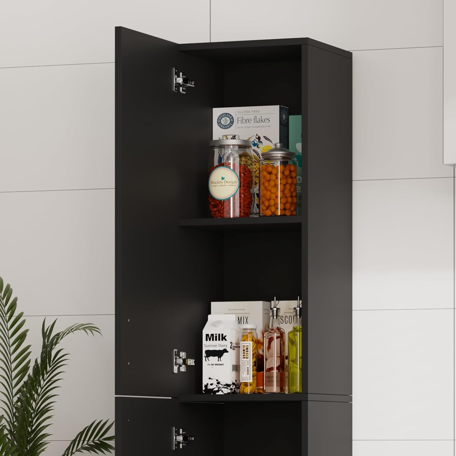 High Gloss Black Tall Bathroom Cabinet 2 Door 4 Shelf 188cm