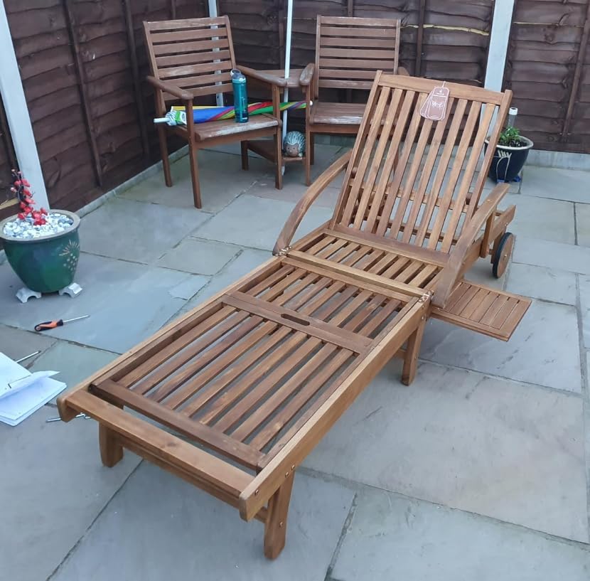 Acacia Wood Sun Lounger with Wheels Tray Adjustable