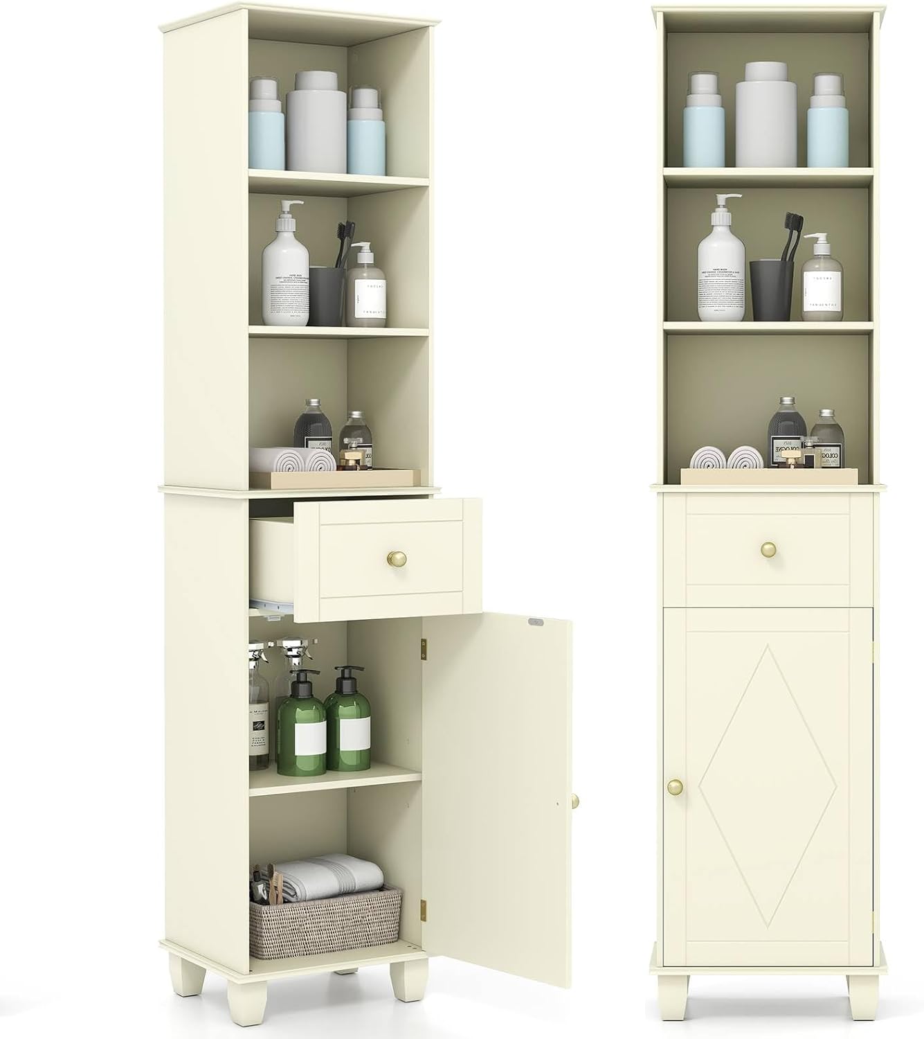 Slim Tall Storage Cabinet Beige Drawer Shelf Door Unit