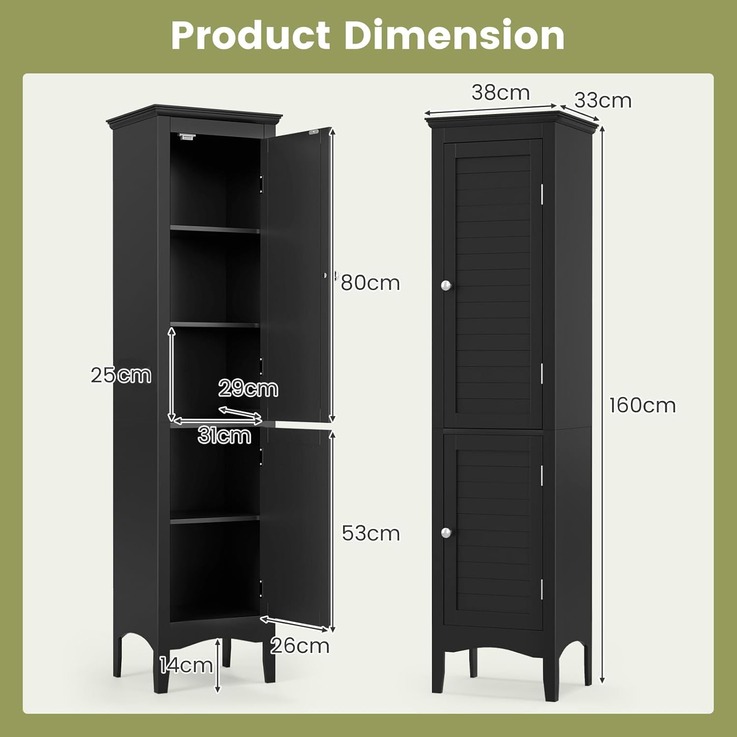Tall Bathroom Storage Cabinet Black 2 Door Shelf Unit