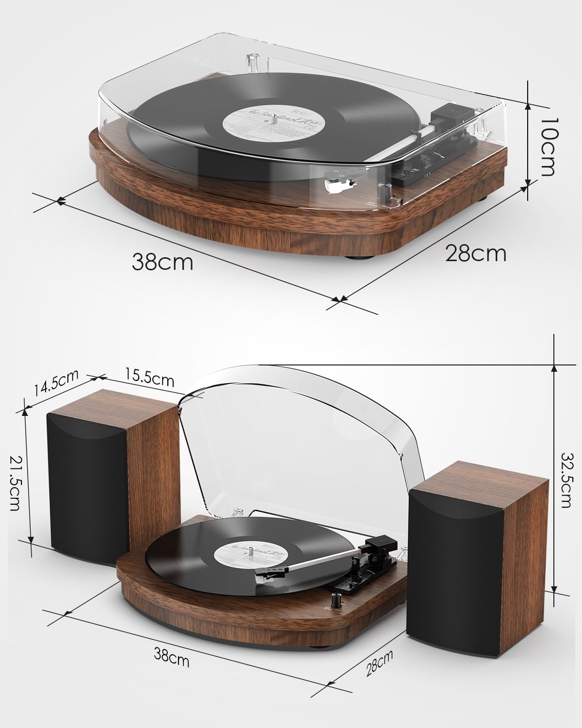 Walnut Vinyl Record Player With Dual Stereo Speakers