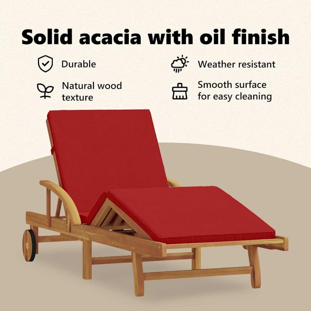 2 Pack Acacia Wood Sun Loungers Cushioned Red