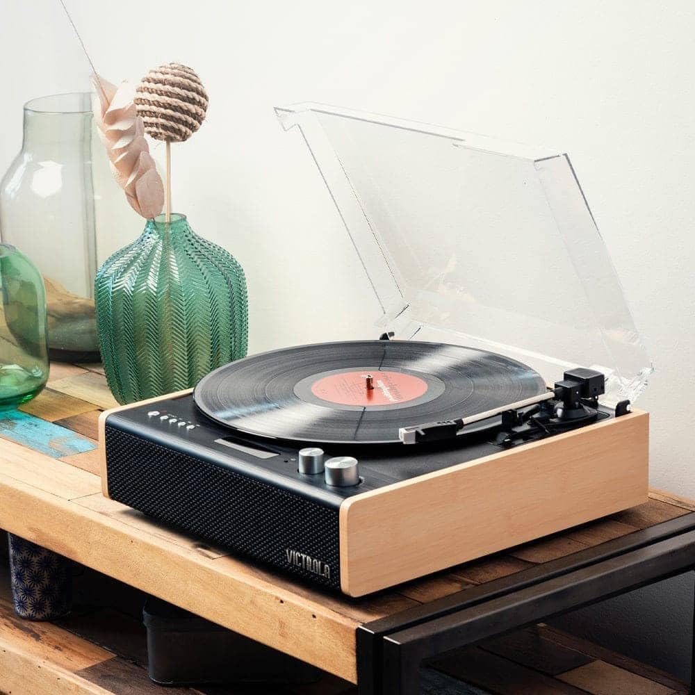 Bluetooth Record Player 3 Speed Turntable Built In Speakers Bamboo