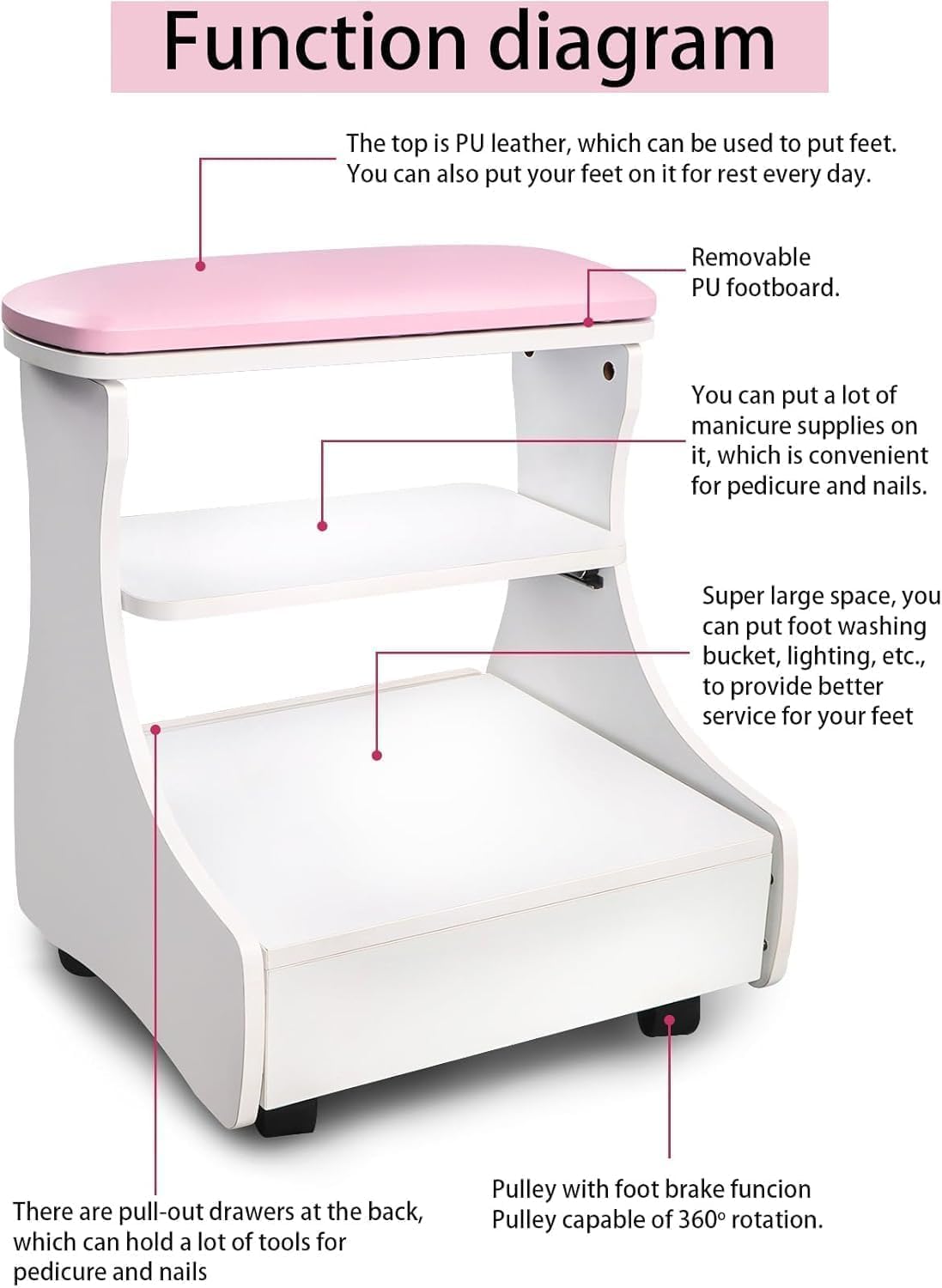Pedicure Foot Rest with Wheels Storage Trolley PU Leather Stool